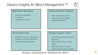 Viewics  Insights  for  Blood  Management  ™
Analytic  Visualizations,  Dashboards,  Alerts  
Blood  Bank  Operations
• Inventory  management
• Productivity  
• Acquisition  and  waste
Clinical  Utilization  Analytics  
• Peer  comparisons  /  reports
• Pattern  and  outlier  detection
• Manager  dashboards
Decision  Support  /  Alerts
• Link  transfusion  decisions  to  prior  
Hgb  levels
• More  complex  rules  by  clinical  
setting
• Early  identification  of  anemic  
patients  before  elective  surgeries  
Monitor  Blood  Use
• By  patient,  clinician  or  service  line
• Real-­time  and  by  any  time  range  
• Measure  impact  of  programs  
 