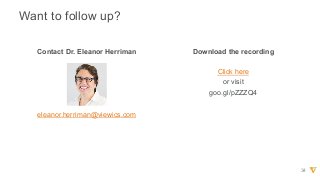 Want  to  follow  up?
Contact  Dr.  Eleanor  Herriman
eleanor.herriman@viewics.com
Download  the  recording
Click  here
or  visit
goo.gl/pZZZQ4
34
 