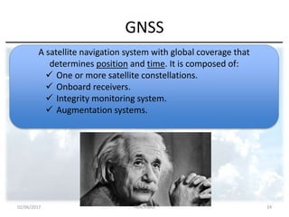 GNSS
A satellite navigation system with global coverage that
determines position and time. It is composed of:
 One or more satellite constellations.
 Onboard receivers.
 Integrity monitoring system.
 Augmentation systems.
02/06/2017 PBN/RNAV 24
 