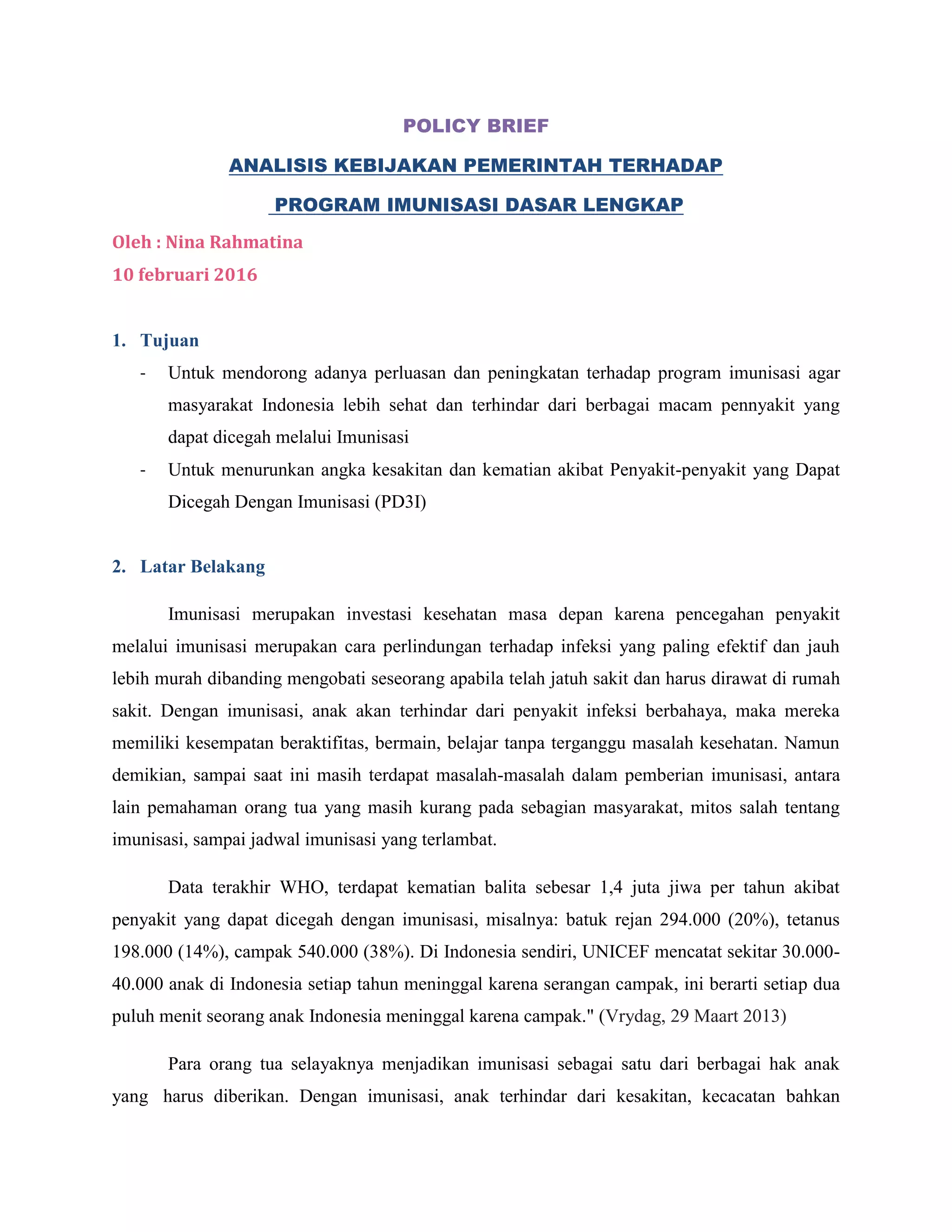 Policy Brief Analisis Kebijakan Pemerintah Terhadap Program Imunisasi ...