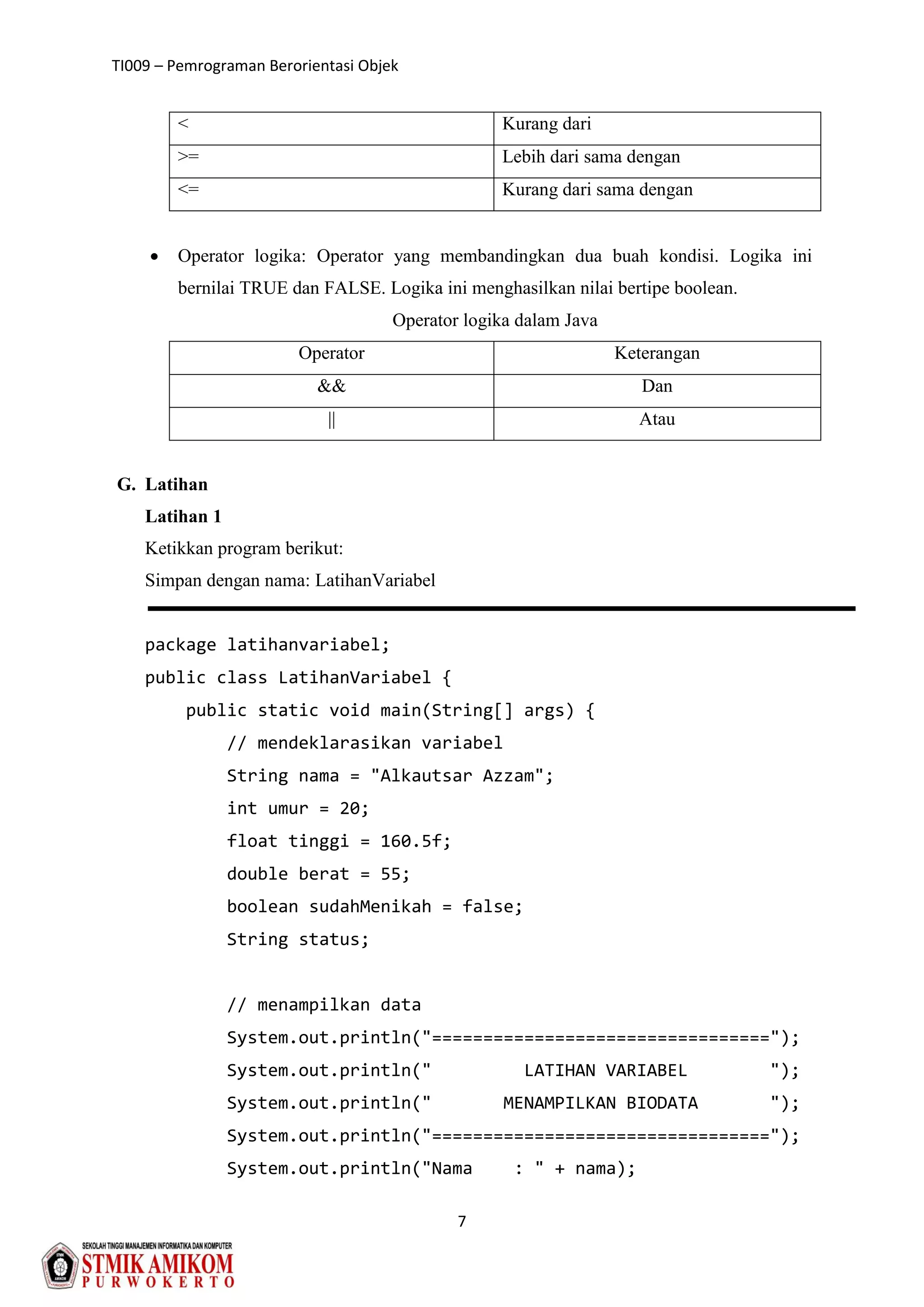 TI009 – Pemrograman Berorientasi Objek
7
< Kurang dari
>= Lebih dari sama dengan
<= Kurang dari sama dengan
 Operator logika: Operator yang membandingkan dua buah kondisi. Logika ini
bernilai TRUE dan FALSE. Logika ini menghasilkan nilai bertipe boolean.
Operator logika dalam Java
Operator Keterangan
&& Dan
|| Atau
G. Latihan
Latihan 1
Ketikkan program berikut:
Simpan dengan nama: LatihanVariabel
package latihanvariabel;
public class LatihanVariabel {
public static void main(String[] args) {
// mendeklarasikan variabel
String nama = "Alkautsar Azzam";
int umur = 20;
float tinggi = 160.5f;
double berat = 55;
boolean sudahMenikah = false;
String status;
// menampilkan data
System.out.println("=================================");
System.out.println(" LATIHAN VARIABEL ");
System.out.println(" MENAMPILKAN BIODATA ");
System.out.println("=================================");
System.out.println("Nama : " + nama);
 
