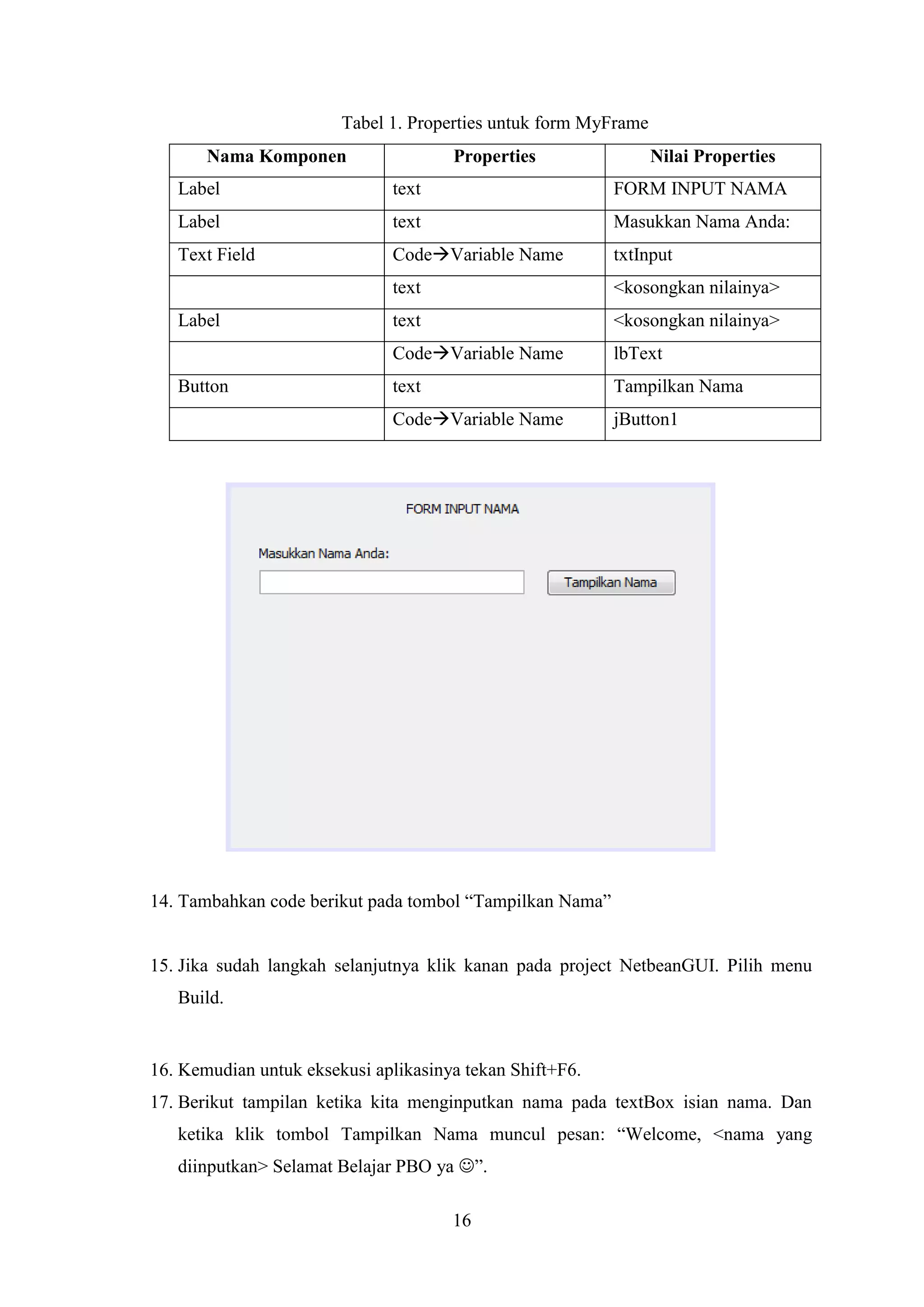 16
Tabel 1. Properties untuk form MyFrame
Nama Komponen Properties Nilai Properties
Label text FORM INPUT NAMA
Label text Masukkan Nama Anda:
Text Field CodeVariable Name txtInput
text <kosongkan nilainya>
Label text <kosongkan nilainya>
CodeVariable Name lbText
Button text Tampilkan Nama
CodeVariable Name jButton1
14. Tambahkan code berikut pada tombol “Tampilkan Nama”
15. Jika sudah langkah selanjutnya klik kanan pada project NetbeanGUI. Pilih menu
Build.
16. Kemudian untuk eksekusi aplikasinya tekan Shift+F6.
17. Berikut tampilan ketika kita menginputkan nama pada textBox isian nama. Dan
ketika klik tombol Tampilkan Nama muncul pesan: “Welcome, <nama yang
diinputkan> Selamat Belajar PBO ya ”.
 