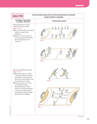 141
Andebol
PBOLA56LP2
©
Porto
Editora
Aula n.º 5/6
Tema principal: Noções técnico-táticas fundamentais em situação
de jogo reduzido ou adaptado
Conteúdos a desenvolver
na sessão – descrição
Representação gráfica
	
Deslocamentos em corrida
contínua à volta do campo
(figs. 1 e 2):
a)	
Ao sinal do Professor, os alunos
adotam a posição‑base
defensiva;
b)	
Realizar o mesmo exercício,
mas executado perto da linha
de área de baliza (no seu
exterior).
	
Exercícios individuais com bola
(figs. 3 e 4):
a)	
Deslocamentos em corrida,
executando drible, realizando
sucessivas circunduções do
braço livre e alternando a mão
que contacta com a bola;
b)	
Deslocamentos em corrida,
em distintas direções
(esquerda/direita; atrás/à
frente), em drible (alternando
a mão que contacta a bola),
orientando‑se pela indicação
(braço/mão) do Professor.
(continua)
fig. 1
fig. 2
fig. 3
fig. 4
PBOLA56LP2_20155066_F09_2P_Cimg.indd 141 05/08/16 16:20
 