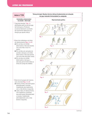 LIVRO DO PROFESSOR
144
PBOLA56LP2
©
Porto
Editora
Aula n.º 7/8
Tema principal: Noções técnico-táticas fundamentais em situação
de jogo reduzido (miniandebol) ou adaptado
Conteúdos a desenvolver
na sessão – descrição
Representação gráfica
	
“Jogo das direções” (fig. 1):
distribuídos pelo terreno de jogo,
de frente para o Professor,
os alunos deslocam‑se através
de movimentos defensivos na
direção que aquele indicar.
	
Exercícios individuais com bola
em deslocamento (figs. 2 a 4):
a)	
Em corrida e em drible
(alternando a mão executante),
com uma mão a tocar no
joelho;
b)	
Em corrida com variações de
sentido e direção e em drible
(alternando a mão executante),
com uma mão atrás das costas;
c)	
Em corrida e em drible
(alternando a mão que o
executa), percorrendo todas as
linhas do campo de andebol.
	
Exercício em grupos de 2 alunos,
com uma bola (figs. 5 e 6):
a)	
Frente a frente, executam passe
(direto/picado) e receção,
trabalhando alternadamente
com a mão direita e esquerda;
b)	
Lado a lado, em deslocamento,
com trajetórias curvilíneas,
executam passe (direto/picado)
e receção, trabalhando
alternadamente com a mão
direita e esquerda.
(continua)
fig. 1
fig. 2
fig. 3
fig. 4
fig. 5
fig. 6
PBOLA56LP2_20155066_F09_2P_Cimg.indd 144 05/08/16 16:20
 