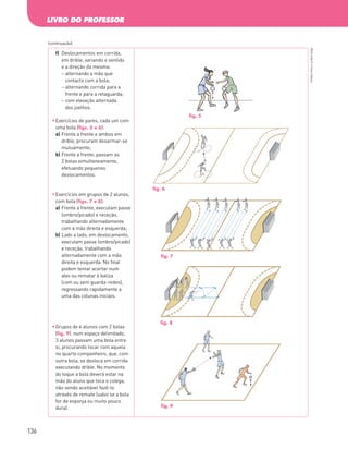 LIVRO DO PROFESSOR
136
PBOLA56LP2
©
Porto
Editora
f)	
Deslocamentos em corrida,
em drible, variando o sentido
e a direção da mesma:
– 
alternando a mão que
contacta com a bola;
– 
alternando corrida para a
frente e para a retaguarda;
– 
com elevação alternada
dos joelhos.
	
Exercícios de pares, cada um com
uma bola (figs. 5 e 6):
a)	
Frente a frente e ambos em
drible, procuram desarmar‑se
mutuamente;
b)	
Frente a frente, passam as
2 bolas simultaneamente,
efetuando pequenos
deslocamentos.
	
Exercícios em grupos de 2 alunos,
com bola (figs. 7 e 8):
a)	
Frente a frente, executam passe
(ombro/picado) e receção,
trabalhando alternadamente
com a mão direita e esquerda;
b)	
Lado a lado, em deslocamento,
executam passe (ombro/picado)
e receção, trabalhando
alternadamente com a mão
direita e esquerda. No final
podem tentar acertar num
alvo ou rematar à baliza
(com ou sem guarda-redes),
regressando rapidamente a
uma das colunas iniciais.
	
Grupos de 4 alunos com 2 bolas
(fig. 9): num espaço delimitado,
3 alunos passam uma bola entre
si, procurando tocar com aquela
no quarto companheiro, que, com
outra bola, se desloca em corrida
executando drible. No momento
do toque a bola deverá estar na
mão do aluno que toca o colega,
não sendo aceitável fazê-lo
através de remate (salvo se a bola
for de esponja ou muito pouco
dura).
(continuação)
fig. 5
fig. 6
fig. 7
fig. 8
fig. 9
PBOLA56LP2_20155066_F09_2P_Cimg.indd 136 05/08/16 16:20
 