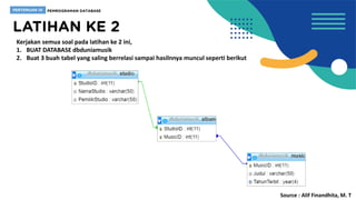 Kerjakan semua soal pada latihan ke 2 ini,
1. BUAT DATABASE dbduniamusik
2. Buat 3 buah tabel yang saling berrelasi sampai hasilnnya muncul seperti berikut
Source : Alif Finandhita, M. T
 
