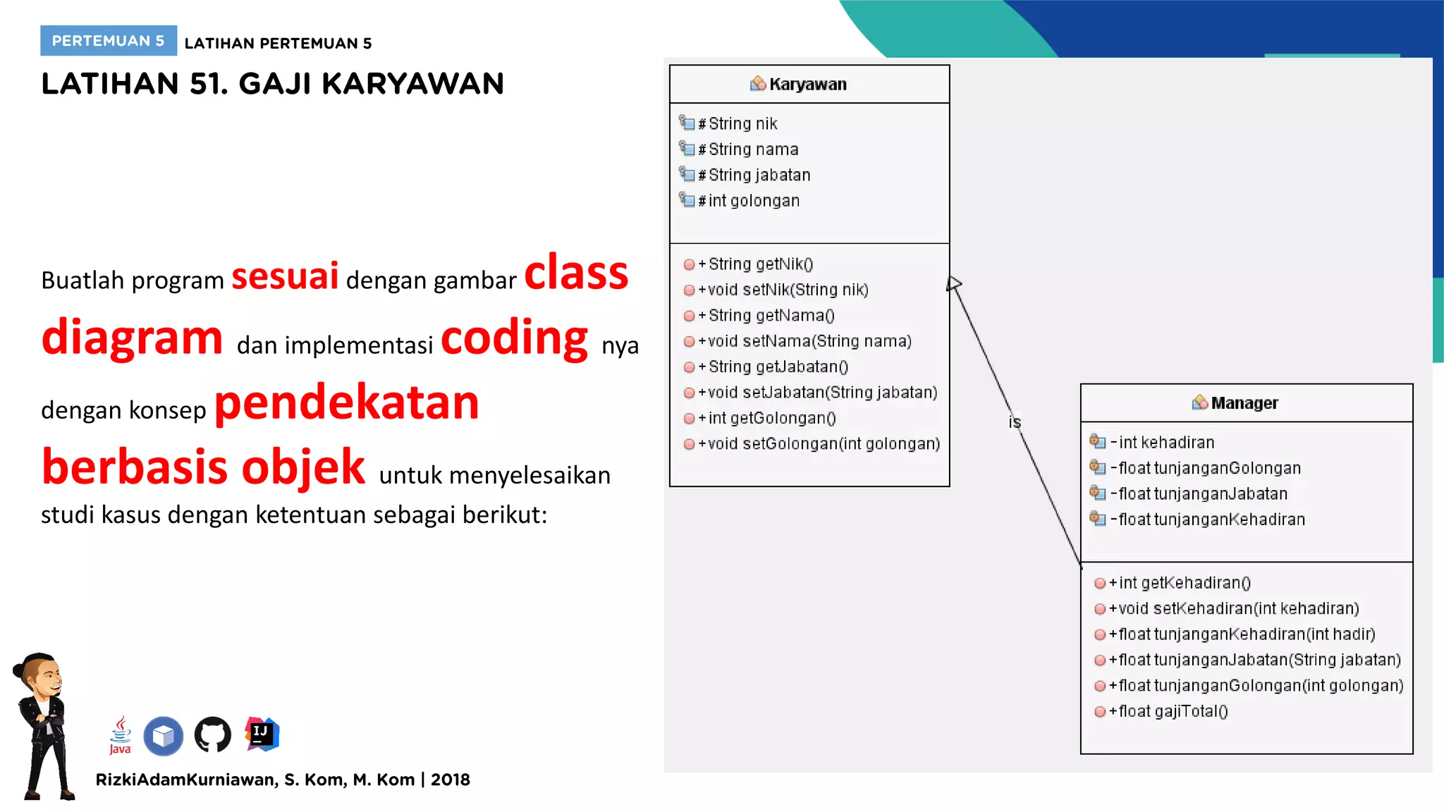 Buatlah program sesuaidengan gambar class
diagram dan implementasi coding nya
dengan konsep pendekatan
berbasis objek untuk menyelesaikan
studi kasus dengan ketentuan sebagai berikut:
 
