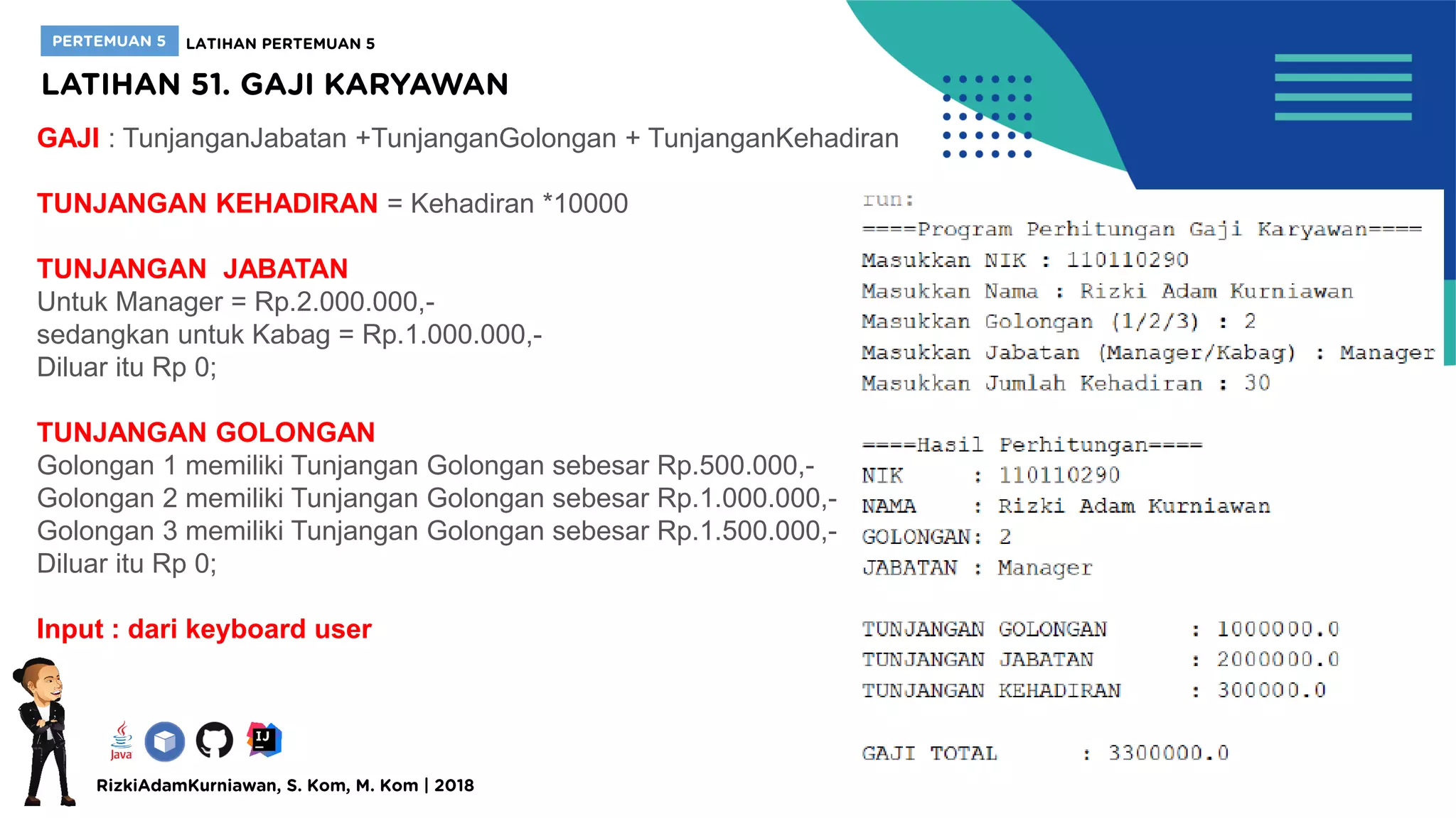GAJI : TunjanganJabatan +TunjanganGolongan + TunjanganKehadiran
TUNJANGAN KEHADIRAN = Kehadiran *10000
TUNJANGAN JABATAN
Untuk Manager = Rp.2.000.000,-
sedangkan untuk Kabag = Rp.1.000.000,-
Diluar itu Rp 0;
TUNJANGAN GOLONGAN
Golongan 1 memiliki Tunjangan Golongan sebesar Rp.500.000,-
Golongan 2 memiliki Tunjangan Golongan sebesar Rp.1.000.000,-
Golongan 3 memiliki Tunjangan Golongan sebesar Rp.1.500.000,-
Diluar itu Rp 0;
Input : dari keyboard user
 