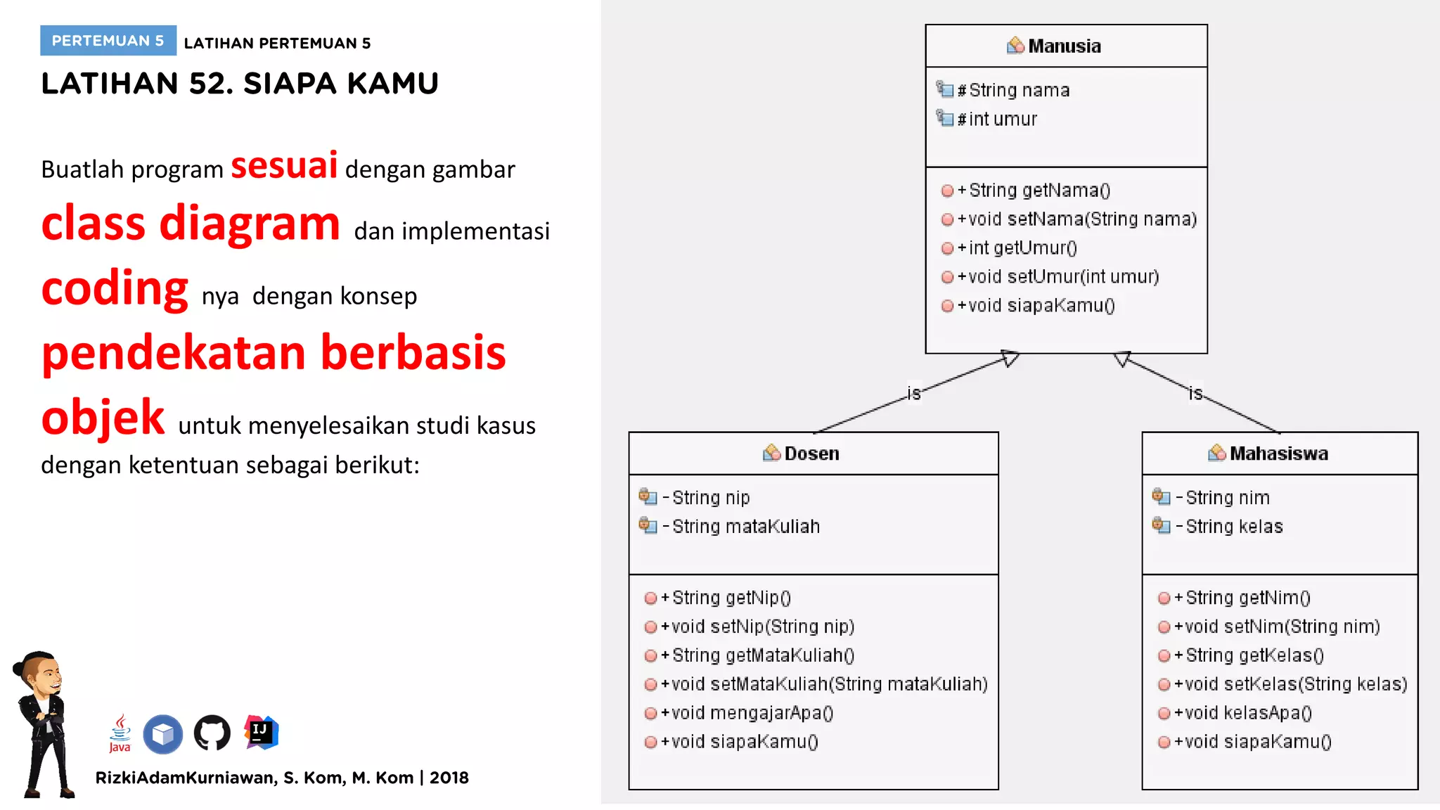 Buatlah program sesuaidengan gambar
class diagram dan implementasi
coding nya dengan konsep
pendekatan berbasis
objek untuk menyelesaikan studi kasus
dengan ketentuan sebagai berikut:
 
