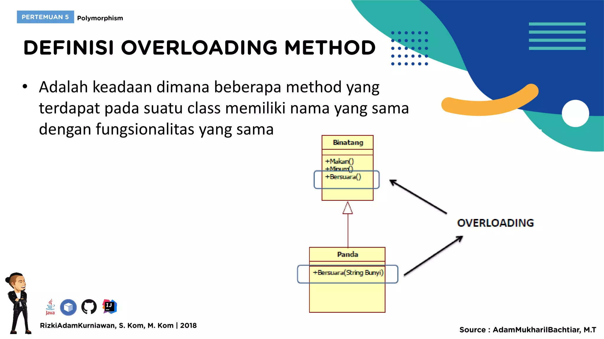 • Adalah keadaan dimana beberapa method yang
terdapat pada suatu class memiliki nama yang sama
dengan fungsionalitas yang sama
 