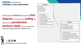 Buatlah program sesuaidengan gambar class
diagram dan implementasi coding nya
dengan konsep pendekatan
berbasis objek untuk menyelesaikan
studi kasus dengan ketentuan sebagai berikut:
 