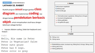 Buatlah program sesuaidengan gambar class
diagram dan implementasi coding nya
dengan konsep pendekatan berbasis
objek untuk menyelesaikan studi kasus dengan
ketentuan sebagai berikut:
• Inputan didalam coding, (tidak dari keyboard user)
Output :
 