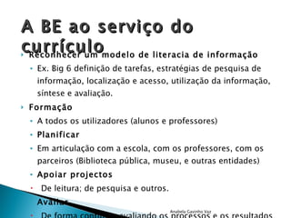 Reconhecer um modelo de literacia de informação  Ex. Big 6 definição de tarefas, estratégias de pesquisa de informação, localização e acesso, utilização da informação, síntese e avaliação. Formação  A todos os utilizadores (alunos e professores) Planificar Em articulação com a escola, com os professores, com os parceiros (Biblioteca pública, museu, e outras entidades) Apoiar projectos De leitura; de pesquisa e outros. Avaliar De forma contínua, avaliando os processos e os resultados finais e a análise dos produtos Anabela Gavinho Vaz A BE ao serviço do currículo 