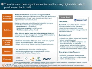 There has also been significant excitement for using digital data trails to
provide merchant credit
Source: Interviews wit...