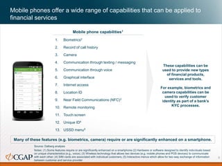 Mobile phones offer a wide range of capabilities that can be applied to
financial services
Source: Dalberg analysis
Notes:...