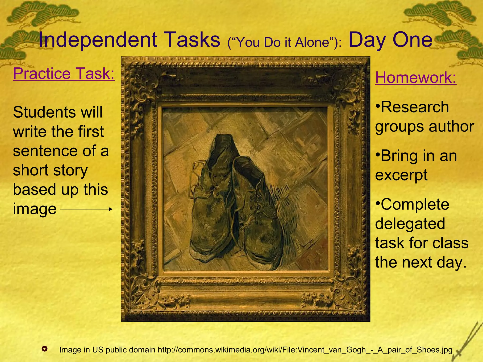 Independent Tasks (“You Do it Alone”): Day One
Practice Task:                                                                            Homework:

Students will                                                                             •Research
write the first                                                                           groups author
sentence of a                                                                             •Bring in an
short story                                                                               excerpt
based up this
image                                                                                     •Complete
                                                                                          delegated
                                                                                          task for class
                                                                                          the next day.




       Image in US public domain http://commons.wikimedia.org/wiki/File:Vincent_van_Gogh_-_A_pair_of_Shoes.jpg
 