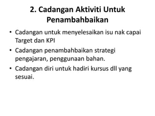 2. Cadangan Aktiviti Untuk
Penambahbaikan
• Cadangan untuk menyelesaikan isu nak capai
Target dan KPI
• Cadangan penambahbaikan strategi
pengajaran, penggunaan bahan.
• Cadangan diri untuk hadiri kursus dll yang
sesuai.
 