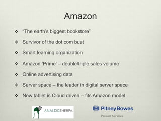 Amazon“The earth’s biggest bookstore”Survivor of the dot com bustSmart learning organizationAmazon ‘Prime’ – double/triple sales volumeOnline advertising dataServer space – the leader in digital server spaceNew tablet is Cloud driven – fits Amazon model