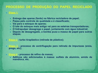 ● Etapa 1:
● Entrega das aparas (fardo) na fábrica recicladora de papel;
● Passa pelo controle de qualidade e é classificado;
● Vai para o estoque de aparas;
● O lote do estoque mais antigo vai para as esteiras transportadoras;
● O hidrapulper desagrega o papel, juntamente com água industrial;
● Depois de desagregado, a bomba puxa a massa de papel para outras
etapas;
● Etapa 2 - turbo tiraplástico (retirada de plástico);
● Etapa 3 - processo de centrifugação para retirada de impurezas (areia,
prego, etc);
● Etapa 4 - processo de refino da massa;
● Aditivos são adicionados à massa: sulfato de alumínio, amido de
mandioca, etc.
PROCESSO DE PRODUÇÃO DO PAPEL RECICLADO
 