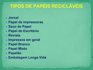 ● Jornal
● Papel de impressoras
● Saco de Papel
● Papel de Escritório
● Revista
● Impressos em geral
● Papel Branco
● Papel Misto
● Papelão
● Embalagem Longa Vida
TIPOS DE PAPÉIS RECICLÁVEIS
 
