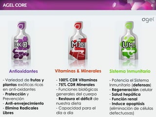 -  100% CDR Vitaminas -  75% CDR Minerales - Funciones biol ógicas generales del cuerpo Restaura el déficit  de nuestra dieta Capacidad para el día a día Variedad de  frutas y plantas  ex óticas ricas en anti-oxidantes Protecci ón  y Prevención Anti-envejecimiento Elimina Radicales Libres - Potencia el Sistema Inmunitario ( defensas ) Regeneraci ón  celular Salud hep ática Función renal Induce apoptósis  (eliminación de células defectuosas) Antioxidantes Vitaminas & Minerales Sistema Inmunitario 