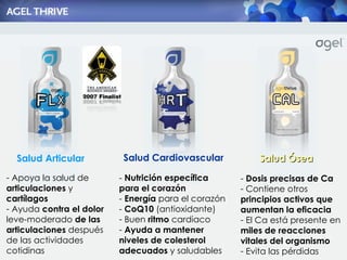 -  Nutrici ón  espec ífica para el corazón -  Energ ía  para el corazón -  CoQ10  (antioxidante) Buen  ritmo  cardiaco Ayuda a mantener niveles de colesterol adecuados  y saludables Apoya la salud de  articulaciones  y  cart ílagos Ayuda  contra el dolor  leve-moderado  de las articulaciones  despu és de las actividades cotidinas -  Dosis precisas de Ca Contiene otros  principios activos que aumentan la eficacia El Ca est á presente en  miles de reacciones vitales del organismo Evita las pérdidas Salud Articular Salud Cardiovascular Salud  Ósea 
