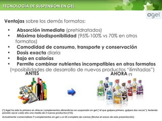 Ventajas  sobre los dem ás formatos: Absorción inmediata  (prehidratados) Máxima biodisponibilidad  (95%-100% vs 70% en otros formatos) Comodidad de consumo, transporte y conservación Dosis exacta  diaria Bajo en calorías Permite combinar nutrientes incompatibles en otros formatos  (=posibilidades de desarrollo de nuevos productos “ilimitadas”) ANTES AHORA  (*) (*) Agel ha sido la primera en ofrecer complementos alimenticios en suspensión en gel (“el que golpea primero, golpea dos veces”), teniendo previsto sacar cada año una media de 2 nuevos productos (I+D).  Actualmente comercializan 9 complementos en gel y un kit completo de cremas (Revisa el anexo de esta presentación). TECNOLOG ÍA DE SUSPENSIÓN EN GEL 