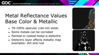 Metal Reflectance Values
Base Color & Metallic
● 70-100% specular (180-255 sRGB)
● Some metals can be corroded
● Painted or coated metal is dielectric
● Dielectric layer affects metallic map
examples: dirt and rust
 