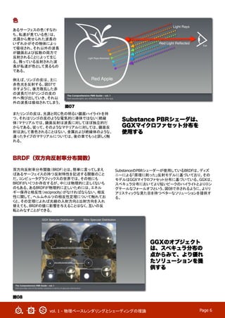 vol. 1 - 物理ベースレンダリングとシェーディングの理論	
 Page 6
色
あるサーフェスの色（すなわ
ち、私達が見ている色）は、
光源から発せられた波長の
いずれかがその物体によっ
て吸収され、それ以外の波長
が鏡面および拡散の両方で
反射されることによって生じ
る。残っている反射された波
長が私達が色として見るもの
である。
例えば、リンゴの皮は、主に
赤色光を反​​射する。図07で
示すように、後方散乱した赤
の波長だけがリンゴの皮の
外へ飛び出していき、それ以
外の波長は吸収されてしまう。
またリンゴの皮は、光源と同じ色の明るい鏡面ハイライトを持
つ。それはリンゴの皮のような電気的に導体ではない（絶縁
体）マテリアルでは、鏡面反射は波長に対してほぼ独立的だ
からである。従って、そのようなマテリアルに対しては、鏡面反
射は決して着色されることはない。金属および絶縁体のような、
違ったタイプのマテリアルについては、後の章でもっと詳しく触
れる。
図07
BRDF（双方向反射率分布関数）
双方向反射率分布関数（BRDF）とは、簡単に言ってしまえ
ばあるサーフェイスの持つ反射特性を記述する関数のこと
だ。コンピュータグラフィックスの世界では、その他にも
BRDFがいくつか存在するが、中には物理的に正しくないも
のもある。あるBRDFが物理的に正しいためには、エネル
ギー保存と相反性（reciprocity）がなければならない。相反
性に関して、ヘルムホルツの相反性定理について触れてお
くと、その定理によれば光線の入射方向と出射方向を入れ
替えても、BRDFの値に影響を与えることはなく、互いの反
転とみなすことができる。	
SubstanceのPBRシェーダーが使用しているBRDFは、ディズ
ニーによる「原理に則った」反射モデルに基づいており、その
モデルはGGXマイクロファセット分布に基づいている。GGXは、
スペキュラ分布においてより短いピークのハイライトとよりロン
グテールなフォールオフという、図08で示されるように、よりリ
アリスティックな見た目を持つベターなソリューションを提供す
る。
図08
GGXのオブジェクト
は、スペキュラ分布の
点からみて、より優れ
たソリューションを提
供する
Substance PBRシェーダは、
GGXマイクロファセット分布を
使用する
 