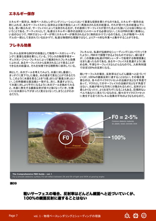vol. 1 - 物理ベースレンダリングとシェーディングの理論	
Page 7
エネルギー保存
エネルギー保存は、物理ベースのレンダリングソリューションにおいて重要な役割を果たすものである。エネルギー保存の法
則によれば、あるサーフェイスから（反射および後方散乱によって）再放出される光の総量は、それが受けた光の総量以下に
なる。言い換えれば、サーフェイスによって反射される光が、その直前にサーフェイスが受けた光よりも強いことはあり得ないと
いうことである。アーティストとして、私達はエネルギー保存の法則をコントロールする必要はない。これはPBRの実に素晴らし
い点のひとつで、PBRではシェーダーが常にエネルギーが保存されるように制約をかけているのである。これが物理ベースモ
デルの一部として含まれているおかげで、私達は物理的な理論ではなく、よりアート的な作業へと集中することができる。
フレネル効果
フレネル反射率もBRDFの係数として物理ベースのシェーディ
ングに重要な役割を果たしている。フランスの物理学者オー
ギュスタン・ジャン・フレネルによって観測されたフレネル効果
によれば、あるサーフェイスから反射されることで見ることが
できる光の総量は、それを知覚できる視野角に依存している。
例として、水のプールを考えてみよう。水面に対し垂直に、
まっすぐに見下ろした場合、水の底まで見ることができるだろ
う。このように水面を見ることを「０度」または「垂直入射」とい
い、この時垂線は面法線と一致する。次に、見通すようにし
て水面に対しより平行になるように水のプールを眺めてみる
と、水面に発生する鏡面反射が段々と強くなっていき、仕舞
いには水面から下がまったく見えなくなってしまうことがわか
るだろう。	
フレネルは、私達が伝統的なシェーディングにおいて行ってき
たように、PBR中で調整できるようなものではない。繰り返す
が、この現象は私達がPBRシェーダーで処理する物理現象と
はまた違ったものである。あるサーフェイスを見通すように眺
める時、平滑なサーフェイスならどんなものでも、入射角90度
でほぼ100％の反射になる。
粗いサーフェスの場合、反射率はどんどん鏡面へと近づいて
いくが、100％の鏡面反射に達することはない。その場合重
要なのは、各々のマイクロファセットの法線が光となす角度で
あって、マクロとしてのサーフェイスの法線が光となす角度で
はない。光線が様々な方向に分散されるために、反射がより
柔らかくなったり、よりおぼろげになることもある。巨視的なレ
ベルであなたに見えているものは、個々のマイクロファセット
に発生する全てのフレネル効果の平均のようなものなのだ。
図09
粗いサーフェスの場合、反射率はどんどん鏡面へと近づいていくが、
100％の鏡面反射に達することはない
 