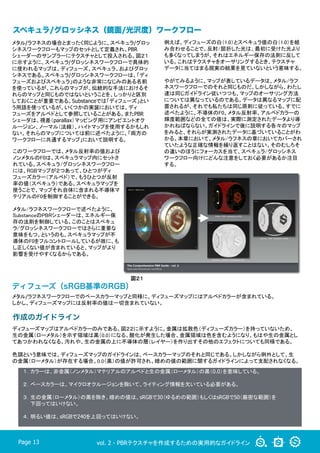 vol. 2 - PBRテクスチャを作成するための実用的なガイドラインPage 13
メタル/ラフネスの場合とまったく同じように、スペキュラ/グロッ
シネスワークフローもマップのセットとして定義され、PBR
シェーダーのサンプラーにテクスチャとして投入される。図２１
に示すように、スペキュラ/グロッシネスワークフローで具体的
に使われるマップは、ディフューズ、スペキュラ、およびグロッ
シネスである。スペキュラ/グロッシネスワークフローは、「ディ
フューズおよびスペキュラ」のような非常になじみのある名前
を使っているが、これらのマップが、伝統的な手法におけるそ
れらのマップと同じものではないということを、しっかりと区別
しておくことが重要である。Substanceでは「ディフューズ」とい
う用語を使っているが、いくつかの実装においては、ディ
フューズをアルベドとして参照していることがある。またPBR
シェーダは、視差（parallax）マッピング用にアンビエントオク
ルージョン、ノーマル（法線）、ハイトマップを使用するかもしれ
ない。それらのマップについては前に述べたように、「両方の
ワークフローに共通するマップ」において説明する。	
例えば、ディフューズの白（1.0）とスペキュラ値の白（1.0）を組
み合わせることで、反射/屈折した光は、最初に受けた光より
も多くなってしまうが、それはエネルギー保存の法則に反して
いる。これはテクスチャをオーサリングするとき、テクスチャ
データに当てはまる現実の結果を見ていないという意味する。	
やがてみるように、マップが表しているデータは、メタル/ラフ
ネスワークフローでのそれと同じものだ。しかしながら、わたし
達は同じガイドライン従いつつも、マップのオーサリング方法
については異なっているのである。データは異なるマップに配
置されるが、それでも私たちは同じ原則に従っている。すでに
述べたように、不導体のF0、メタル反射率、アルベドカラーの
輝度範囲などの全ての値は、実際に測定されたデータより導
かれねばならない。ガイドラインで後に説明する各々のマップ
をみると、それらが実測されたデータに基づいていることがわ
かる。本章において、メタル/ラフネスの章においてカバーされ
ていたような正確な情報を繰り返すことはない。そのむしろそ
の違いのほうにフォーカスを当て、スペキュラ/グロッシネス
ワークフロー向けにどんな注意をしておく必要があるか注目
する。	
図２１
ディフューズ（sRGB基準のRGB）
１．カラーは、非金属（ノンメタル）マテリアルのアルベドと生の金属（ローメタル）の黒（0.0）を意味している。
	
２．ベースカラーは、マイクロオクルージョンを除いて、ライティング情報を欠いている必要がある。
	
３．生の金属（ローメタル）の黒を除き、暗めの値は、sRGBで30（ゆるめの範囲）もしくはsRGBで50（厳密な範囲）を
　　下回ってはいけない。
	
４．明るい値は、sRGBで240を上回ってはいけない。
スペキュラ/グロッシネス（鏡面/光沢度）ワークフロー
このワークフローでは、メタル反射率の値および
ノンメタルのF0は、スペキュラマップ内にセットさ
れている。スペキュラ/グロッシネスワークフロー
には、RGBマップが２つあって、ひとつがディ
フューズカラー（アルベド）で、もうひとつが反射
率の値（スペキュラ）である。スペキュラマップを
使うことで、マップそれ自体に含まれる不導体マ
テリアルのF0を制御することができる。	
メタル/ラフネスワークフローで述べたように、
SubstanceのPBRシェーダーは、エネルギー保
存の法則を制御している。このことはスペキュ
ラ/グロッシネスワークフローではさらに重要な
意味をもつ。というのも、スペキュラマップが不
導体のF0をフルコントロールしているが故に、も
し正しくない値が含まれていると、マップがより
影響を受けやすくなるからである。	
メタル/ラフネスワークフローでのベースカラーマップと同様に、ディフューズマップにはアルベドカラーが含まれている。	
  
しかし、ディフューズマップには反射率の値は一切含まれていない。	
作成のガイドライン
ディフューズマップはアルベドカラーのみである。図２２に示すように、金属は拡散色（ディフューズカラー）を持っていないため、
生の金属（ローメタル）を示す領域は黒（0.0）になる。酸化が発生した場合、金属領域は色を含むようになり、もはや生の金属とし
てあつかわれなくなる。汚れや、生の金属の上に不導体の層（レイヤー）を作り出すその他のエフェクトについても同様である。	
	
色調という意味では、ディフューズマップのガイドラインは、ベースカラーマップのそれと同じである。しかしながら例外として、生
の金属（ローメタル）が存在する場合、0.0（黒）の値が許可され、暗めの値の範囲に関するガイドラインによって支配されなくなる。	
	
 
