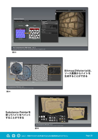 vol.2 - PBRテクスチャを作成するための実用的なガイドライン Page 20
図３３
図３４
図３５
Bitmap2Materialは、
ソース画像からハイトを
生成することができる
Substance Painterを
使ってハイトをペイント
することができる
 