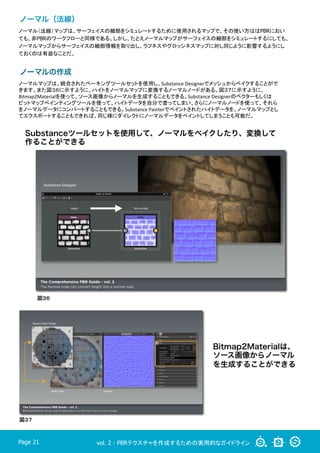 vol. 2 - PBRテクスチャを作成するための実用的なガイドラインPage 21
Bitmap2Materialは、
ソース画像からノーマル
を生成することができる
図３７
ノーマル（法線）マップは、サーフェイスの細部をシミュレートするために使用されるマップで、その使い方ははPBRにおい
ても、非PBRのワークフローと同様である。しかし、たとえノーマルマップがサーフェイスの細部をシミュレートするにしても、
ノーマルマップからサーフェイスの細部情報を取り出し、ラフネスやグロッシネスマップに対し同じように影響するようにし
ておくのは有益なことだ。	
図３６
ノーマル（法線）
ノーマルの作成
ノーマルマップは、統合されたベーキングツールセットを使用し、Substance	
  Designerでメッシュからベイクすることがで
きます。また図３６に示すように、ハイトをノーマルマップに変換するノーマルノードがある。図３７に示すように、
Bitmap2Materialを使って、ソース画像からノーマルを生成することもできる。Substance	
  Designerのベクターもしくは
ビットマップペインティングツールを使って、ハイトデータを自分で塗ってしまい、さらにノーマルノードを使って、それら
をノーマルデータにコンバートすることもできる。Substance	
  Painterでペイントされたハイトデータを、ノーマルマップとし
てエクスポートすることもできれば、同じ様にダイレクトにノーマルデータをペイントしてしまうことも可能だ。	
Substanceツールセットを使用して、ノーマルをベイクしたり、変換して
作ることができる
 