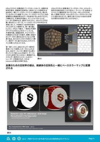vol.2 - PBRテクスチャを作成するための実用的なガイドライン Page 4
メタル/ラフネス（金属/粗さ）ワークフローにおいて、金属の反
射率の値は、絶縁体の反射色と、BRDFによって処理される
反射率と一緒にベースカラーマップ上に配置される。使われ
ているメタリック（金属）マップは、ベースカラーマップ上にある
金属部分と絶縁体部分のデータを区別するためのマスクとし
て機能する。不導体のF0値は、マニュアルではいじらず、
シェーダに処理させる。図04に示すように、メタルマップ中の
黒い部分をシェーダーは、ベースカラーマップ中の対応する
金属のための反射率の値は、絶縁体の反射色と一緒にベースカラーマップに配置
される
メタル/ラフネス（金属/粗さ）ワークフローでは、エネルギー
保存の法則を破ることはできない。ディフューズ（反射色）と
スペキュラ（鏡面反射）のバランスは、メタリックマスクを
使って調整できるが、それらのディフューズやスペキュラを
いくら組み合わせても、最初に受けた光よりも強力な反射
光や屈折光を設定することはできない。	
図０４
図０３
領域に対して、不導体かつ反射率の値が
４％（0.04）として解釈する。第一巻で論じ
たように、４％という値は、一般的な不導体
マテリアルのほとんどをカバーしている。
不導体F0値、金属反射率、アルベドカラー
の輝度のような全ての値が、実際に測定さ
れたデータから導き出されていることが重
要である。各々のマップタイプを見ていく際
に、測定データに基づくものとしてガイドラ
インは論じられることになる。	
	
  
第一巻で、わたし達はエネルギー保存の
概念について説明したが、それによれば
光は、あるサーフェイスに衝突する以前に
持っていた「強さ」以上の強さで、サーフェ
イスから反射することはない。実装面では、
エネルギー保存のコントロールは主に
シェーダーが制御するが、それは
Substanceの場合も同様である。	
 