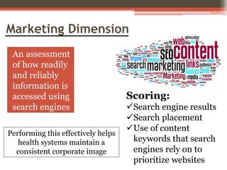 Marketing Dimension
An assessment
of how readily
and reliably
information is
accessed using
search engines
Performing this effectively helps
health systems maintain a
consistent corporate image

Scoring:
Search engine results
Search placement
Use of content
keywords that search
engines rely on to
prioritize websites

 