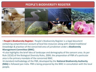 PEOPLE'S BIODIVERSITY REGISTER
• People's Biodiversity Register: People's Biodiversity Register is a legal document
containing comprehensive account of local bio-resources along with related traditional
knowledge & practises of the concerned area of jurisdiction under a Biodiversity
Management Committee (BMC).
•It also highlights the brief idea of landscape and demography of the concern area. As per
Rule 22(10) of the Biological Diversity Rules, 2004, the preparation of PBR of a particular
area is the primary mandate of the concerned BMC.
•A standard methodology of the PBR, developed by the National Biodiversity Authority
(NBA) is followed pan India. PBR is being prepared by the BMC in consultation with the local
people.
 