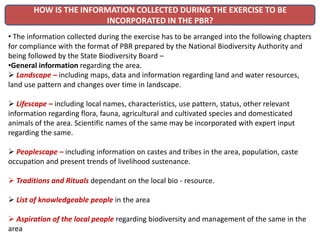 HOW IS THE INFORMATION COLLECTED DURING THE EXERCISE TO BE
INCORPORATED IN THE PBR?
• The information collected during the exercise has to be arranged into the following chapters
for compliance with the format of PBR prepared by the National Biodiversity Authority and
being followed by the State Biodiversity Board –
•General information regarding the area.
 Landscape – including maps, data and information regarding land and water resources,
land use pattern and changes over time in landscape.
 Lifescape – including local names, characteristics, use pattern, status, other relevant
information regarding flora, fauna, agricultural and cultivated species and domesticated
animals of the area. Scientific names of the same may be incorporated with expert input
regarding the same.
 Peoplescape – including information on castes and tribes in the area, population, caste
occupation and present trends of livelihood sustenance.
 Traditions and Rituals dependant on the local bio - resource.
 List of knowledgeable people in the area
 Aspiration of the local people regarding biodiversity and management of the same in the
area
 