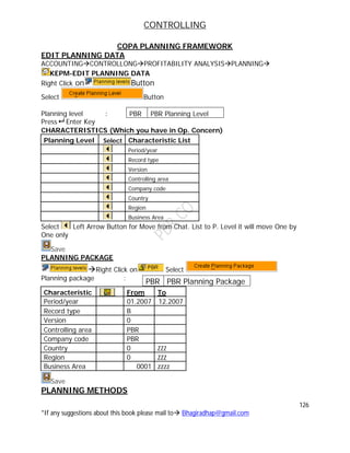 CONTROLLING
126
*If any suggestions about this book please mail to Bhagiradhap@gmail.com
COPA PLANNING FRAMEWORK
EDIT PLANNING DATA
ACCOUNTINGCONTROLLONGPROFITABILITY ANALYSISPLANNING
KEPM-EDIT PLANNING DATA
Right Click on Button
Select Button
Planning level :
Press Enter Key
CHARACTERISTICS (Which you have in Op. Concern)
Planning Level Select Characteristic List
Period/year
Record type
Version
Controlling area
Company code
Country
Region
Business Area
Select Left Arrow Button for Move from Chat. List to P. Level it will move One by
One only
Save
PLANNING PACKAGE
Right Click on Select
Planning package :
Characteristic From To
Period/year 01.2007 12.2007
Record type B
Version 0
Controlling area PBR
Company code PBR
Country 0 ZZZ
Region 0 ZZZ
Business Area 0001 zzzz
Save
PLANNING METHODS
PBR PBR Planning Level
PBR PBR Planning Package
 