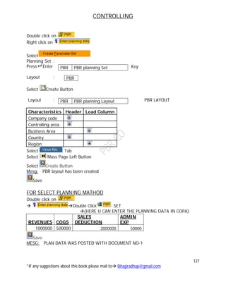 CONTROLLING
127
*If any suggestions about this book please mail to Bhagiradhap@gmail.com
Double click on
Right click on
Select
Planning Set :
Press Enter Key
Layout :
Select Create Button
Layout : PBR LAYOUT
Characteristics Header Lead Column
Company code
Controlling area
Business Area
Country
Region
Select Tab
Select Mass Page Left Button
Select Create Button
Mesg: PBR layout has been created
Save
FOR SELECT PLANNING MATHOD
Double click on
 Double Click SET
(HERE U CAN ENTER THE PLANNING DATA IN COPA)
REVENUES COGS
SALES
DEDUCTION
ADMIN
EXP
1000000 500000 2000000 50000
Save
MESG: PLAN DATA WAS POSTED WITH DOCUMENT NO-1
PBR PBR planning Set
PBR
PBR PBR planning Layout
 