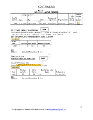 CONTROLLING
135
*If any suggestions about this book please mail to Bhagiradhap@gmail.com
DEFINE PROFIT CENTER
Analysis period
Profit
center From To Name
Responsibl
e person Department
Profit
center
group
Select
activa
te
button
1000 01.01.2000 31.12.9999
Profit
Center: PBR Bhagiradha Production PBRSH
ACTIVATE DIRECT POSTINGS
SPROIMGCONTROLLINGPROFIT CENTER ACCOUNTINGBASIC SETTING
CONTROLLING AREA SETTINGACTIVATE DIRECT POSTINGS
SET CONTROL PARAMETER FOR ACTUAL DATA
From
Year Locked Line Items Online Transfer
2007
Save Back to Menu Item 
Plan version
MAINTAIN PLAN VERSION
Select “0” Version Row
Select Folder
Year
Online
transfer
Line
items
Exchange rate
type Value date
2007 M 01.04.2007
Save Back to Menu Item 
KE51
1KEF
1KEF
 