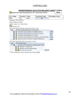 CONTROLLING
139
*If any suggestions about this book please mail to Bhagiradhap@gmail.com
TRANSFERRING SELECTED BALANCE SHEET ITEMS
Generate opening balance for material stocks
Co. Code Period Year Current Year Previous Year
PBR 01 2007
Deselect Test Run
Select Line Items
Select your Co. Code Row
Execute F8
Like that below things also you have to do
Like that planning also you have to do
*This methods every month you have to do
1KEH
 