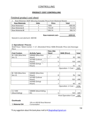 CONTROLLING
158
*If any suggestions about this book please mail to Bhagiradhap@gmail.com
PRODUCT COST CONTROLLING
Finished product cost sheet
1. Raw Material :MVP (Moving Variable Price) from Material Master
Raw Materials Units Price Total
Raw Material-I 1 1005 1005.00
Raw Material-II 1 753.49 753.49
Raw Material-III 1 500.74 500.74
Raw material cost:- 2259.23
Stored in cost element :400100
2. Operational / Process
Shaft Floor / Work Center -1 :S.T. (Stranded Time). MAR (Periodic Price (or) Average
Price
Cost Centers Activity Types
Time (Std.
Time) MAR (Price) Total
A) 1200 (Machine
Sec.1)
500000 (Machine
Hours) 10 90 900
501000 (Labour
Hours) 5 130 650
502000 (Setup
Hours) 1 55 55
Operation -1 Cost :- 1605
B) 1300 (Machine
Sec.2)
500000 (Machine
Hours) 8 96 768
501000 (Labour
Hours) 4 102 408
502000 (Setup
Hours) 1 60 60
Operation -2 Cost :- 1236
C) 1400
(Assembling)
508000 (Assembling
Hr) 5 120 600
Final Operation Cost 600
Overheads
1) Material OH
10% on 400100 Raw Material
Consumption
 