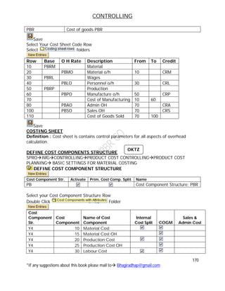 CONTROLLING
170
*If any suggestions about this book please mail to Bhagiradhap@gmail.com
PBR Cost of goods PBR
Save
Select Your Cost Sheet Code Row
Select folders
Row Base O H Rate Description From To Credit
10 PBRM Material
20 PBMO Material o/h 10 CRM
30 PBRL Wages
40 PBLO Personnel o/h 30 CRL
50 PBRP Production
60 PBPO Manufacture o/h 50 CRP
70 Cost of Manufacturing 10 60
80 PBAO Admin OH 70 CRA
100 PBSO Sales OH 70 CRS
110 Cost of Goods Sold 70 100
Save
COSTING SHEET
Definition : Cost sheet is contains control parameters for all aspects of overhead
calculation.
DEFINE COST COMPONENTS STRUCTURE
SPROIMGCONTROLLINGPRODUCT COST CONTROLLINGPRODUCT COST
PLANNING BASIC SETTINGS FOR MATERIAL COSTING
DEFINE COST COMPONENT STRUCTURE
Cost Component Str. Activate Prim. Cost Comp. Split Name
PB Cost Component Structure: PBR
Select your Cost Component Structure Row
Double Click Folder
Cost
Component
Str.
Cost
Component
Name of Cost
Component
Internal
Cost Split COGM
Sales &
Admin Cost
Y4 10 Material Cost
Y4 15 Material Cost OH
Y4 20 Production Cost
Y4 25 Production Cost OH
Y4 30 Labour Cost
OKTZ
 