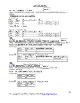 CONTROLLING
181
*If any suggestions about this book please mail to Bhagiradhap@gmail.com
DEFINE CHECKING CONTROL
SPROIMGPRODUCTIONSHOP FLOOR CONTROLOPERATIONAVAILABILITY
CHECK
DEFINE CHECKING CONTROL
Select Rows
Plant Type Business Function Text
0001 PP01 1 Check availability during orde
0001 PP01 2 Check availability during orde
Select Copy as Button
Specify your plant & Oder
Plant Type Business Function Text
PBR PBR 1 Check availability during orde
PBR PBR 2 Check availability during orde
Save Back to Menu Item 
DEFINE SCHEDULING PARAMETERS FOR PRODUCTION ORDER
SPROIMBPRODUCTIONSHOP FLOOR CONTROLOPERATIONSCHEDULLING
DEFINE SCHEDULING PARAMETERS FOR PRODUCTION ORDERS
Select Row
Plant Order Type Production scheduler
1000 PP01 *
Select Copy as Button & Specify as below your own
Plant Order Type Production scheduler Scheduling type
PBR PBR * Backwards
Save Back to Menu Item 
DEFINE CONFIRMATION PARAMETERS
SPROIMGPRODUCTIONSHOP FLOOR CONTROL OPERATION
CONFIRMATION
DEFINE CONFIRMATION PARAMETERS
Select Row
Plant Order Type
1000 PP01
Select Copy as Button & Specify as below your own
Plant Order Type
PBR PBR
OPJK
OPU3
OPK4
 