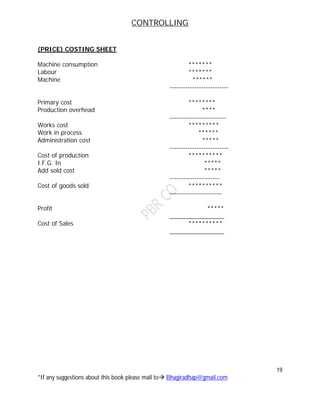 CONTROLLING
19
*If any suggestions about this book please mail to Bhagiradhap@gmail.com
(PRICE) COSTING SHEET
Machine consumption *******
Labour *******
Machine ******
--------------------------
Primary cost ********
Production overhead ****
-------------------------
Works cost *********
Work in process ******
Administration cost *****
--------------------------
Cost of production **********
I.F.G. In *****
Add sold cost *****
----------------------
Cost of goods sold **********
-----------------------
Profit *****
________________
Cost of Sales **********
________________
 