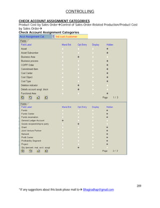 CONTROLLING
209
*If any suggestions about this book please mail to Bhagiradhap@gmail.com
CHECK ACCOUNT ASSIGNMENT CATEGORIES
Product Cost by Sales OrderControl of Sales-Order-Related Production/Product Cost
by Sales Order
Check Account Assignment Categories
 