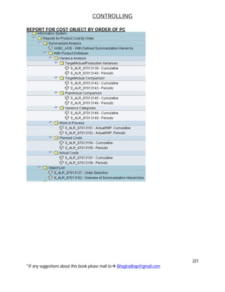 CONTROLLING
221
*If any suggestions about this book please mail to Bhagiradhap@gmail.com
REPORT FOR COST OBJECT BY ORDER OF PC
 