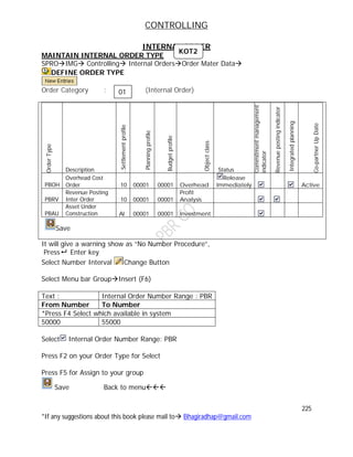 CONTROLLING
225
*If any suggestions about this book please mail to Bhagiradhap@gmail.com
INTERNAL ORDER
MAINTAIN INTERNAL ORDER TYPE
SPROIMG Controlling Internal OrdersOrder Mater Data
DEFINE ORDER TYPE
Order Category : (Internal Order)
OrderType
Description
.Settlementprofile
Planningprofile
Budgetprofile
Objectclass
Status
Commitmentmanagement
indicator
Revenuepostingindicator
Integratedplanning
Co-partnerUpDate
PBOH
Overhead Cost
Order 10 00001 00001 Overhead
Release
Immediately Active
PBRV
Revenue Posting
Inter Order 10 00001 00001
Profit
Analysis
PBAU
Asset Under
Construction AI 00001 00001 Investment
Save
It will give a warning show as “No Number Procedure”,
Press Enter key
Select Number Interval Change Button
Select Menu bar GroupInsert (F6)
Text : Internal Order Number Range : PBR
From Number To Number
*Press F4 Select which available in system
50000 55000
Select Internal Order Number Range: PBR
Press F2 on your Order Type for Select
Press F5 for Assign to your group
Save Back to menu
KOT2
01
 