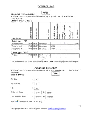 CONTROLLING
232
*If any suggestions about this book please mail to Bhagiradhap@gmail.com
DEFINE INTERNAL ORDER
ACCOUNTINGCONTROLLINGINTERNAL ORDERMASTER DATASPECIAL
FUNCTIONS
ORDERS-KO01 CREATE
Description
Companycode
Businessarea
Objectclass
Statisticalorder
Actualpostingcost
center
Planning,
integrationorder
Settlementcost
element
Costcenter
Order type – PBR
Advertisement PBR PBR1 Overhead 700000 4100
Telephone-1 PBR PBR2 Overhead 6900
Telephone-2 PBR PBR1 Overhead 6900
Order type – PBR1
Project PBR PBR Profit
Analysis
*In Control Data tab Order Status set as a RELEASE (then only system allow to post)
PLANNING THE ORDER
ACCOUNTINGCONTROLLINGINTERNAL ORDERPLANNINGCOST AND ACTIVITY
INPUTS
KPF6-CHANGE
Version :
Period from :
To :
Order no. from : to
Cost element from : to
Select overview screen button (F5)
KO01
KPF6
0
01
12
65001 65004
300000 700000
 