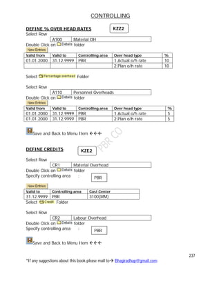 CONTROLLING
237
*If any suggestions about this book please mail to Bhagiradhap@gmail.com
DEFINE % OVER HEAD RATES
Select Row
A100 Material OH
Double Click on folder
Valid from Valid to Controlling area Over head type %
01.01.2000 31.12.9999 PBR 1.Actual o/h rate 10
2.Plan o/h rate 10
Select Folder
Select Row
A110 Personnel Overheads
Double Click on folder
Valid from Valid to Controlling area Over head type %
01.01.2000 31.12.9999 PBR 1.Actual o/h rate 5
01.01.2000 31.12.9999 PBR 2.Plan o/h rate 5
Save and Back to Menu Item 
DEFINE CREDITS
Select Row
CR1 Material Overhead
Double Click on folder
Specify controlling area :
Valid to Controlling area Cost Center
31.12.9999 PBR 3100(MM)
Select Folder
Select Row
CR2 Labour Overhead
Double Click on folder
Specify controlling area :
Save and Back to Menu Item 
KZZ2
KZE2
PBR
PBR
 
